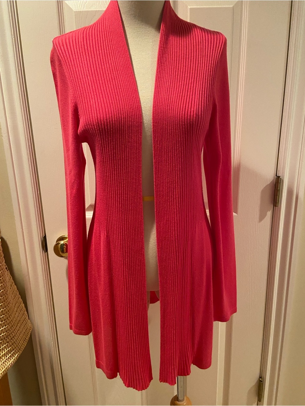 Willi Smith Large L Long Fitted Open-Front Deep Pink Cardigan Ribbing Detail